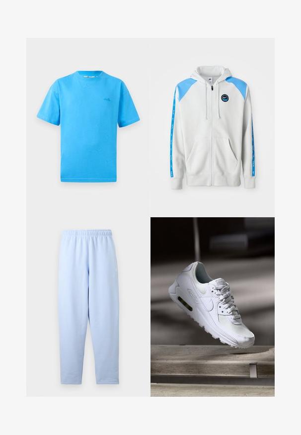 Lys grå zip-hoodie med blå skulderdetaljer og logo, der har to forlommer og blå stribede detaljer langs ærmerne.; Lyseblå bomulds-t-shirt med korte ærmer, rund hals og et lille logo på venstre bryst. Glat tekstur og klassisk pasform.; Lyseblå, lige skårne joggingbukser med elastisk taljebånd, subtilt sidelogo og uden synlige lommer eller yderligere detaljer.; Hvide Nike Air Max 90 sneakers med en overdel i mesh og læder, perforeret tåboks og en synlig luftenhed i hælen.