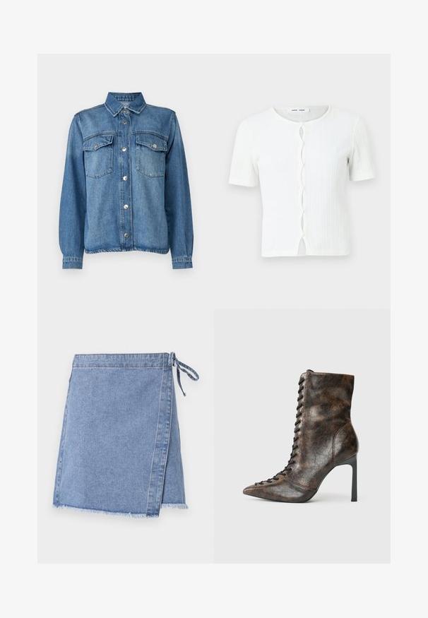 Hvid ribbet kortærmet top med rund halsudskæring og en knaplukning fortil med en bølget detalje. Glat tekstur, afslappet pasform.; Lysblå denimjakke med frontlukning med knapper, to brystlommer, spidse kraver og lange ærmer med knapmanchetter.; Lysblå denim omslagskirt med bundet lukning, frynset kant og lige snit med en svag A-form.; Brun læder ankelstøvle med spidse tå og høj stilettohælh. Har snørebånd foran og en tekstureret finish i en krøllet mønster.