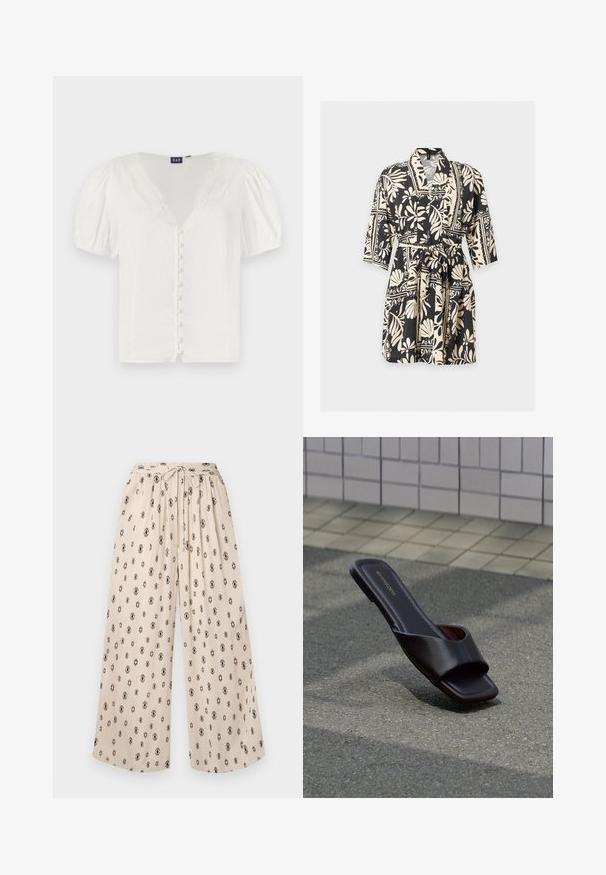 Zwart-beige bloemige wikkeljurk met driekwartmouwen en een strikceintuur in de taille op een effen lichte achtergrond.; Witte blouse met pofmouwen en een diepe V-halslijn met kantafwerking. Beschikt over een rij kleine knopen aan de voorkant. Gemaakt van een lichtgewicht stof.; Beige wijde broek met een strik taille, met een zwart diamanten patroon door het geheel. Gemaakt van lichte stof voor comfort.; Donkerbruine open-toe slidesandaal met vierkante neus en brede band, rustend op grijs asfalt nabij betegeld voetpad.