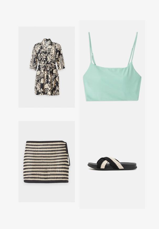 Sort og beige blomsterprintet slå-om-kjole med trekvartlange ærmer og bindebælte i taljen på en ensfarvet lys baggrund.; Lyseblå cropped camisole top med tynde justerbare skulderstropper og en lige halsudskæring.; Sort og beige stribet strikket mininederdel med bindebånd i siden og tekstureret åben vævet mønster.; Sort og creme vævet slide sandal med en flad gummisål, der har to krydsede fletsandaler lavet af blødt, tekstureret materiale.