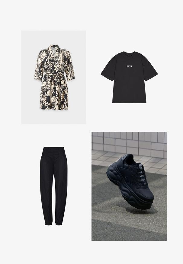 Vestido cruzado con estampado floral en negro y beige, con mangas tres cuartos y cinturón para atar en la cintura sobre un fondo claro y liso.; Camiseta de algodón negra de manga corta, con un pequeño texto gráfico blanco que dice "PEGAIDOR PGDR" en la parte delantera. Diseño simple de cuello redondo.; Pantalones negros de tiro alto con cintura fruncida y puños elásticos recogidos, ajuste suelto en las caderas y piernas estrechas.; Zapatillas negras contundentes con parte superior de cuero suave, suela elevada con patrones en forma de ola y cordones para un ajuste seguro. Branding en la lengüeta.
