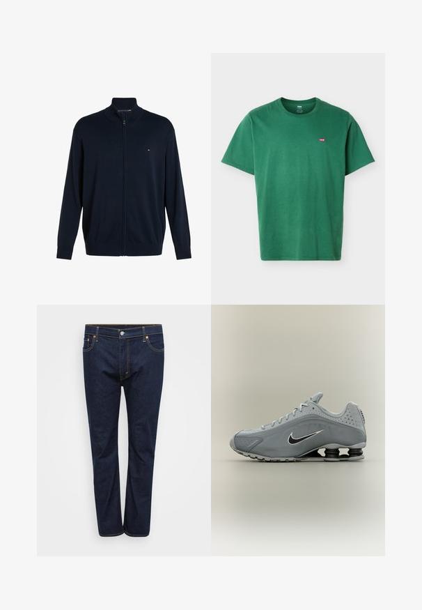 Marineblauer Cardigan mit durchgehendem Reißverschluss, geripptem Kragen, Bündchen und Saum, mit kleinem Logo auf der linken Brust.; Grünes T-Shirt mit kurzen Ärmeln und Rundhalsausschnitt, mit kleinem roten Levi's-Logo auf der linken Brust, vor einem schlichten hellen Hintergrund dargestellt.; Dunkelblaue Denim-Jeans mit geradem Bein, sichtbar abgenäht in kontrastierendem Gelb, fünf Taschen und einem vorderen Knopfverschluss.; Grauer Nike-Sportschuh mit schwarzem und weißem Swoosh-Logo, Schnürdesign und einzigartiger federnder Dämpfung im Fersenbereich der Sohle.