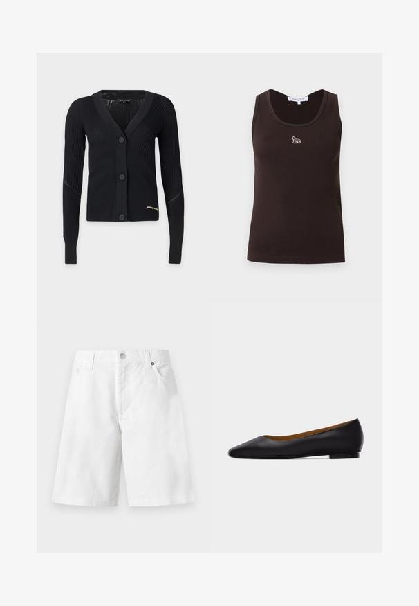 Cardigan noir côtelé à manches longues avec col en V, trois grands boutons, et petit texte doré brodé près de l'ourlet sur le côté gauche.; Débardeur sans manches à côtes de couleur marron foncé avec un petit logo de renard blanc centré sous l'encolure, étiquette de taille visible à l'intérieur du col.; Short en denim blanc avec passants de ceinture, bouton devant, fermeture éclair et deux poches avant, affiché sur un fond uni.; Chaussure plate en cuir noir à bout pointu avec talon bas et finition lisse, vue de côté sur un fond gris clair.