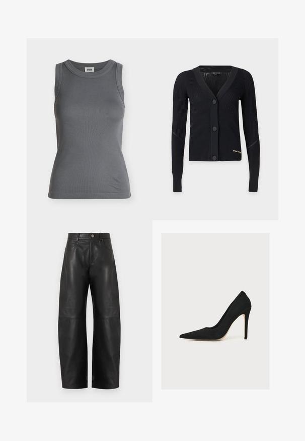 Cardigan noir côtelé à manches longues avec col en V, trois grands boutons, et petit texte doré brodé près de l'ourlet sur le côté gauche.; Débardeur côtelé gris foncé sans manches avec un col rond et une étiquette de marque à l'intérieur du col.; Pantalon large en cuir noir taille haute avec bouton à l'avant, fermeture éclair et deux poches avant, présenté sur un fond blanc.; Escarpin noir à bout pointu et talon aiguille fin, photographié de côté sur fond blanc.