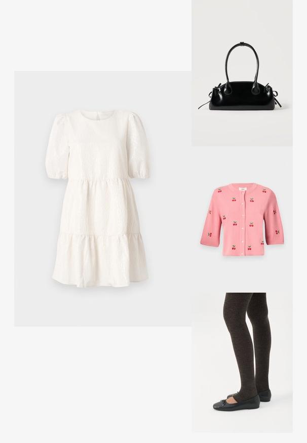 Object OBJTHESS - Vest - rose elegance; Witte textuur jurk met een ronde hals, korte pofmouwen en een gelaagde, gerimpelde zoom. Beschikt over een sluiting aan de achterkant.; Benen met donkere geribbelde leggings gecombineerd met zwarte ballerina's met kleine strikdetails op een witte achtergrond.; Kleine zwarte glanzende handtas met twee lange hengsels en zijkant trekkoord details op een effen lichte achtergrond.
