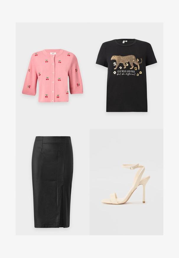 Object OBJTHESS - Vest - rose elegance; Zwarte katoen t-shirt met een luipaardprint ontwerp en gouden accenten. Bevat de tekst "BLIJF WILD EN VRIJ maar wees anders" eronder.; Zwarte kokerrok met een gladde, strakke textuur, voorzien van een zijsplit en getailleerde naden, ontworpen voor een nauwsluitende silhouet.; Beige hoge hak sandaletten met een slanke enkelband en vierkante neus. Gladde synthetische materialen, minimalistisch ontwerp en een stiletto hak.