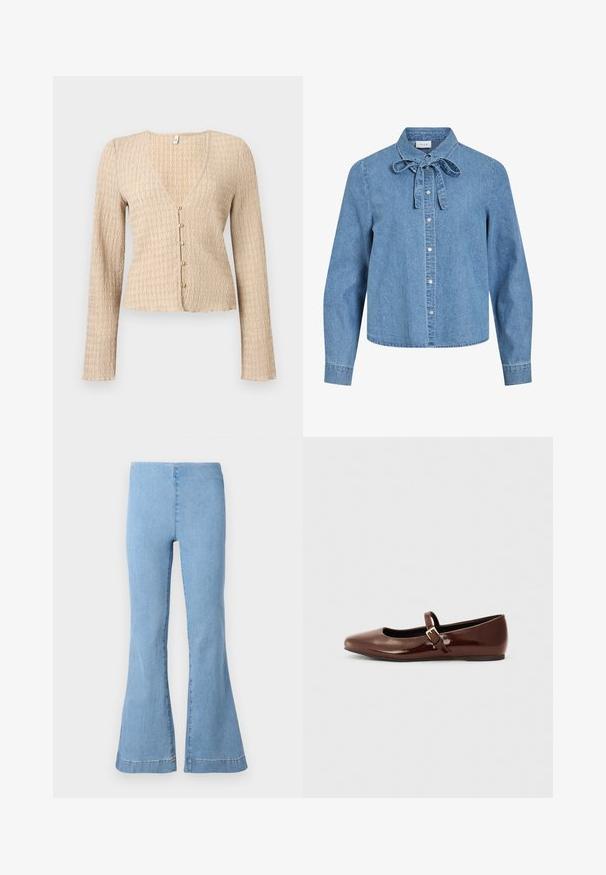 Cardigan court beige à manches longues avec texture ondulée et cinq petits boutons ronds sur le devant.; Chemise en denim bleu clair à manches longues avec des boutons-pression argentés sur le devant et un nœud noué au col.; Pantalon flare en denim bleu clair avec taille haute, sans poches ni fermetures visibles, sur fond blanc.; Ballerine en cuir verni marron avec un bout carré et une lanière ornée d'une petite boucle dorée. Texture lisse, talon bas et design minimaliste.