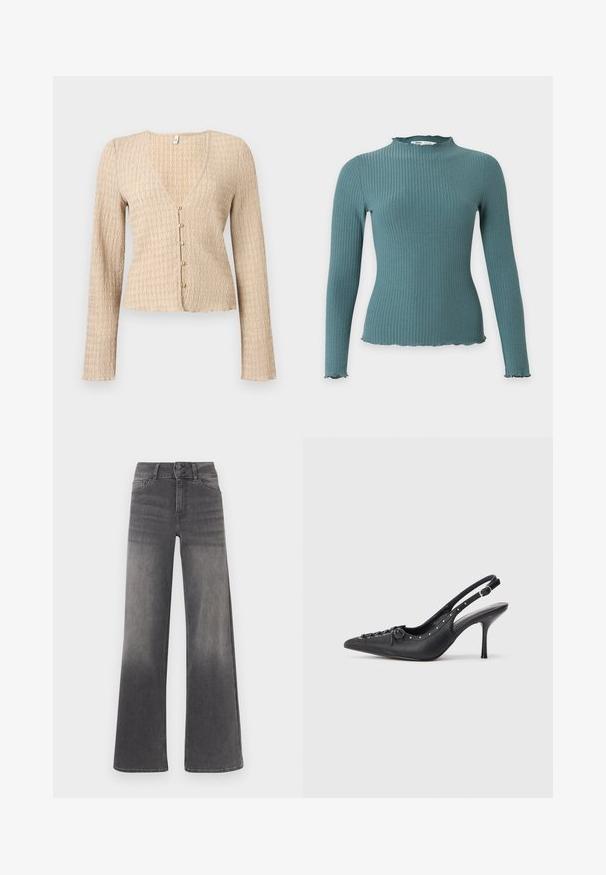 Beige cropped cardigan met lange mouwen, golvende textuur en vijf kleine ronde knoopjes aan de voorkant.; Langarm ribgebreide teal trui met hoge hals en kroesrand details aan de mouwen en zoom, getoond op een witte achtergrond.; Grijze denim jeans met wijde pijpen, voorzien van een vervaagde afwerking, klassiek vijfzakkenontwerp, knoopsluiting en contrasterende stikdetails.; Zwarte leren slingback stiletto met spitse neus, zijgesp met gesp, studs langs de rand en decoratieve veters aan de voorkant.