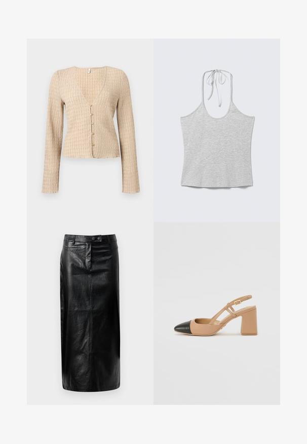 Beige langärmige, kurz geschnittene Strickjacke mit welliger Struktur und fünf kleinen runden Knöpfen vorne.; Hellgraues ärmelloses Neckholder-Top mit Bindeband am Hals, flach auf einem weißen Hintergrund liegend.; Schwarze Leder-Midi-Rock mit geradem Schnitt, vorderer Knopfverschluss und subtiler Narbenstruktur. Verfügt über Gürtelschlaufen und zwei Taschen.; Beige Slingback-Schuh mit schwarzer Kappe, quadratischem Absatz und zwei Riemenakzenten, aus glattem Material gefertigt.