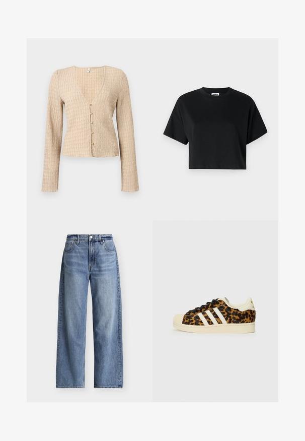 Beige pitkähihaista lyhennettyä neuletakkia, jossa on aaltoileva tekstuuri ja viisi pientä pyöreää nappia etupuolella.; Musta lyhythihainen cropped-t-paita, jossa on pyöreä kaula-aukko, valmistettu sileästä puuvillakankaasta. Paita sisältää minimalistisen muotoilun ja hienovaraisia ompeluyksityiskohtia.; Vaaleansiniset leveälahkeiset farkut, joissa etuosassa nappi- ja vetoketjukiinnitys, vyölenkit ja viiden taskun malli yksivärisellä taustalla.; Leopardikuosisneakerit mustilla nauhoilla, valkoinen kolmonen design, kerma-värinen kuminen varvas ja pohja, teksturoitu päällismateriaali.