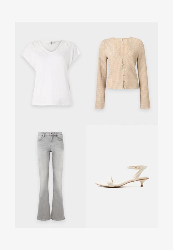 Cárdigan beige de manga larga y corto con textura ondulada y cinco pequeños botones redondos en la parte delantera.; Camiseta blanca de manga corta con escote en forma de V y detalles de encaje en los hombros, hecha de una tela ligera y con un corte holgado.; Vaqueros de mujer acampanados de cintura alta en gris claro, con bolsillos delanteros, cierre de botones y un pequeño detalle desgastado en el muslo izquierdo.; Sandalia beige de tacón bajo con una sola tira en los dedos y correa ajustable en el tobillo con una pequeña hebilla dorada, sobre un fondo blanco.