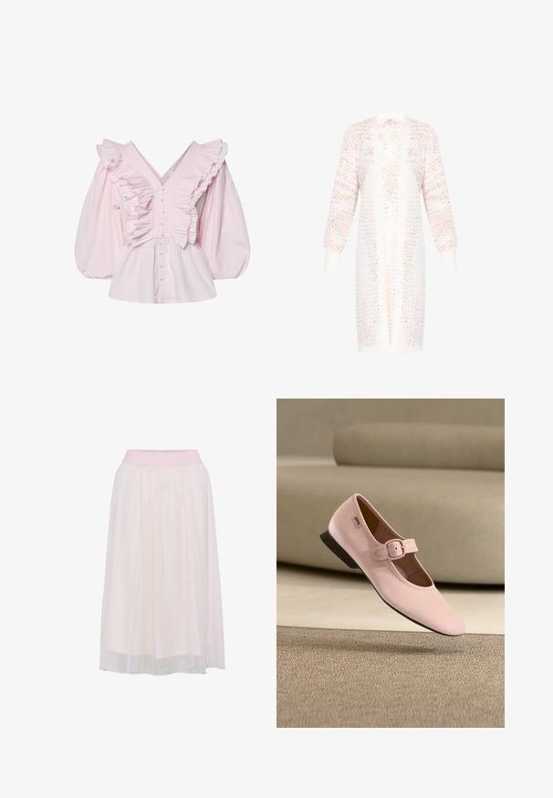 Gebreide cardigan in zacht wit met lichtroze accenten. Heeft een losse fit, lange mouwen, een open voorkant en textuurpatronen in het geheel.; Roze katoenen blouse met een diepe V-hals, gerimpelde details langs het lijfje en volumineuze pofmouwen met knoopsluiting.; Een lichtroze, knie-lange rok met een elastische tailleband en geplisseerde, lichte stof, voorzien van een doorschijnende overlay.; Roze leren Mary Jane platte schoen met een vierkante neus, verstelbare riem en gesp, lage zwarte hak en gladde textuur, zwevend boven het tapijt.