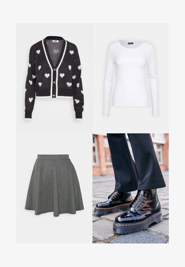 Gilet au crochet avec une base bleu marine ornée de motifs en cœur blancs, décolleté en V et bordure crème. Trois boutons en forme de cœur à l'avant.; T-shirt à manches longues blanc côtelé avec un col rond. Fabriqué en un tissu extensible qui épouse le corps. Présente de fines lignes horizontales.; Jupe patineuse à carreaux noir et blanc avec une taille ajustée et un ourlet évasé, fabriquée en tissu texturé affichant un motif classique.; Bottines en cuir verni noir avec une semelle en caoutchouc épaisse, fermeture éclair sur le côté, quincaillerie en œillet doré et détail de surpiqûre jaune contrastant.
