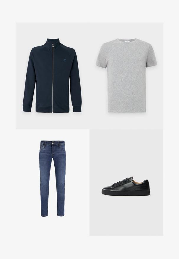 Mørkeblå jakke med fuld lynlås, høj krave, lange ærmer, sidelommer og lille broderet trælogo på venstre bryst.; Grå kortærmet t-shirt lavet af blød bomuldsblanding, med en klassisk rund hals, glat tekstur og minimalistisk design.; Slim-fit blå denim jeans til mænd med knap- og lynlåslukning, for- og baglommer samt subtile blege detaljer.; Sorte lædersneakers med en glat overflade, rund tå og snørebåndslukning. Har en tyk gummisål og minimal branddetalje.