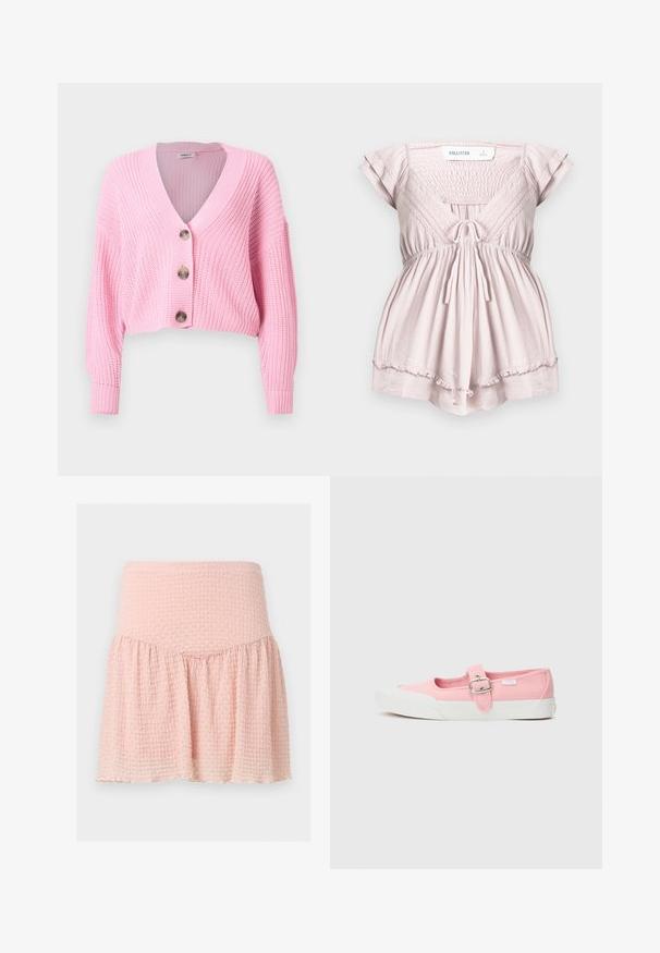 Chunky strikket cropped pink cardigan med lange ærmer, V-hals og tre store knapper foran.; Lyserød kortærmet dragt med indsnævret overdel, blondekant, snøre foran og flæset kant fra Hollister i størrelse small.; Lyserød textureret mininederdel med bred talje og rynket stofdetalje på ensfarvet baggrund.; Lyserød lærredssko med flad sål og med en rem og spænde over mellemfoden. Hvid gummisål med et rent og enkelt design.