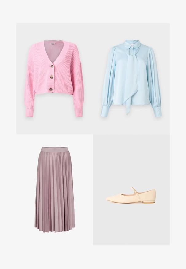 Cárdigan rosa recortado de punto grueso con mangas largas, escote en V y tres botones grandes en la parte delantera.; Blusa azul claro con un lazo en el escote, mangas largas y abullonadas, y puños con botones. Textura suave y diseño entallado.; Falda larga con pliegues en suave tela rosa, que presenta una cintura elástica. La textura suave y el diseño fluido realzan su forma general.; Zapato plano Mary Jane de punta beige con un pequeño tacón y una fina correa fijada por una hebilla dorada sobre un fondo blanco.