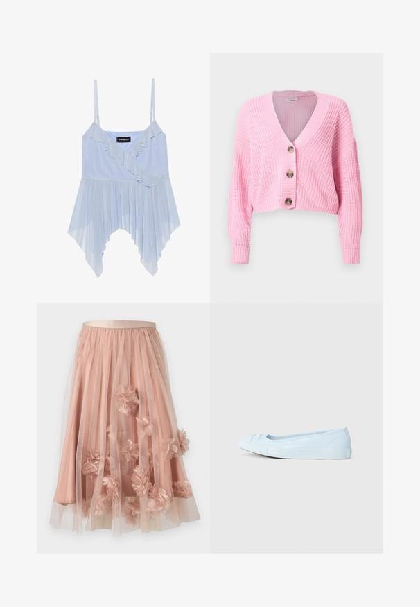 Cardigan court rose en maille épaisse avec manches longues, col en V, et trois grands boutons sur le devant.; Even&Odd by Zalando Débardeur - sky blue; Jupe en tulle rose pâle avec une ceinture en satin. Comprend plusieurs couches de tissu transparent et des appliqués floraux en trois dimensions sur toute la surface.; Ballerines bleu clair avec une finition brillante, bout arrondi et petit nœud à l'avant. Semelle en caoutchouc flexible pour le confort.