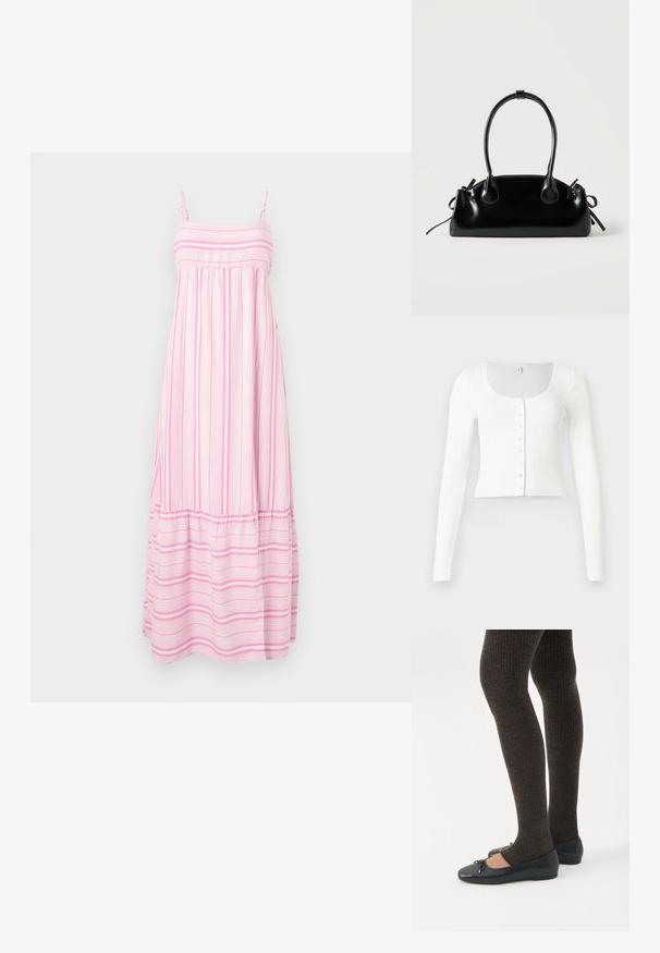 Valge soonikkoega pikade varrukatega lühike kardigan, millel on ümardatud kaelus ja kaheksa eesmist trukknööpi, asetatud lahtiselt heledale taustale.; Hollister Co. BABYDOLL MAXI - Maksikleit - light pink/white; Jalad seljas tumedad soonelises soonelises kombines mustade baleriinadega, millel on väikesed paelade detailid valgel taustal.; Väike must läikiv käekott kahe pika sangaga ja külgedel paelakinnitustega, ühel lihtsal helel taustal.