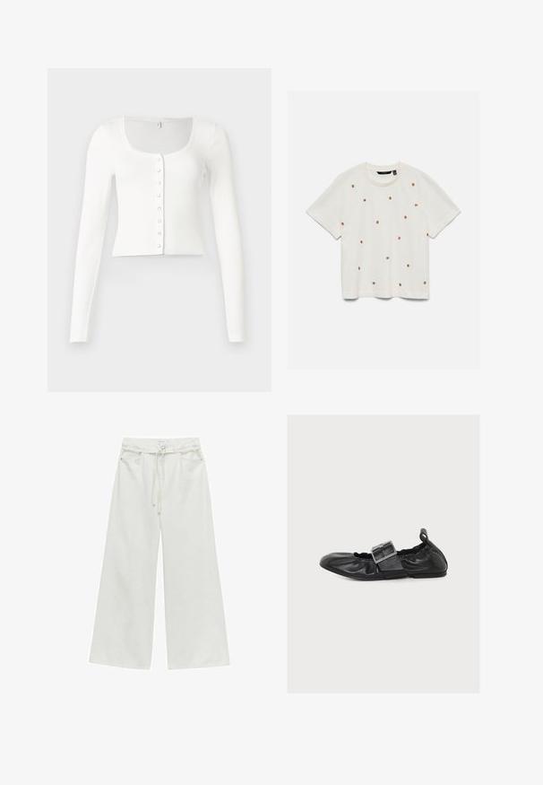 Hvid ribstrikket cropped cardigan med lange ærmer, rund halsudskæring og otte trykknapper foran, lagt fladt på en lys baggrund.; Hvid kortærmet skjorte med små orange frugtmønstre spredt ud over forsiden og rund halsudskæring.; Højtaljede, vide hvide bukser med bæltestropper, frontknap, snøre og forlommer.; Sort læder flad sko med stor sølvspænde og elastiske sider på hvid baggrund.