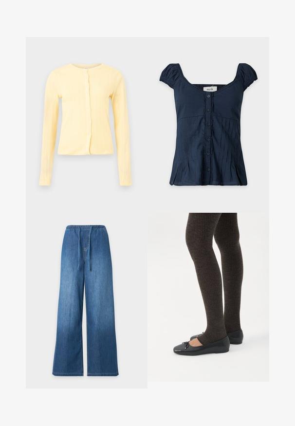 Cardigan jaune clair à manches longues en maille côtelée, avec encolure ronde et fermeture à boutons sur le devant, sur un fond uni.; Blouse bleu marine à manches courtes avec fermeture boutonnée sur le devant, encolure carrée, manches froncées et détails discrets de coutures verticales.; Pantalon en denim bleu à jambes larges avec taille élastique et fermeture avant par cordon sur fond clair uni.; Jambes portant des leggings côtelés foncés associés à des ballerines noires avec de petits détails en nœud sur fond blanc.