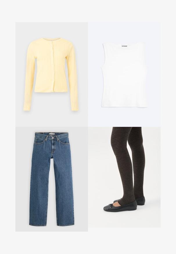 Lysegul, langærmet, ribstrikket cardigan med rund halsudskæring og knaplukning foran på ensfarvet baggrund.; Hvid tætsiddende ærmeløs tanktop med rund halsudskæring og minimalistisk design, mærket "WEEKDAY" indeni kraven.; Blå denim jeans med lige pasform, der har fem lommer, knaplukning og kontrastsyninger langs sømmene.; Ben iført mørke ribbede leggings kombineret med sorte balletsko med små sløjfedetaljer på hvid baggrund.