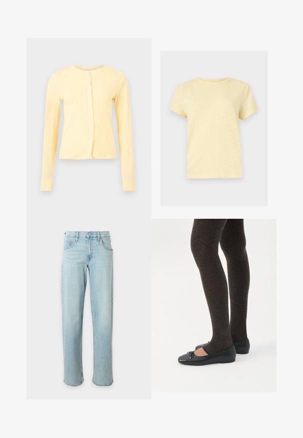 Cardigan jaune clair à manches longues en maille côtelée, avec encolure ronde et fermeture à boutons sur le devant, sur un fond uni.; T-shirt jaune clair à manches courtes et col rond, au design uni, affiché sur un fond plat gris clair.; Jean bleu clair à jambes droites avec poches avant et ceinture boutonnée sur fond blanc uni.; Jambes portant des leggings côtelés foncés associés à des ballerines noires avec de petits détails en nœud sur fond blanc.