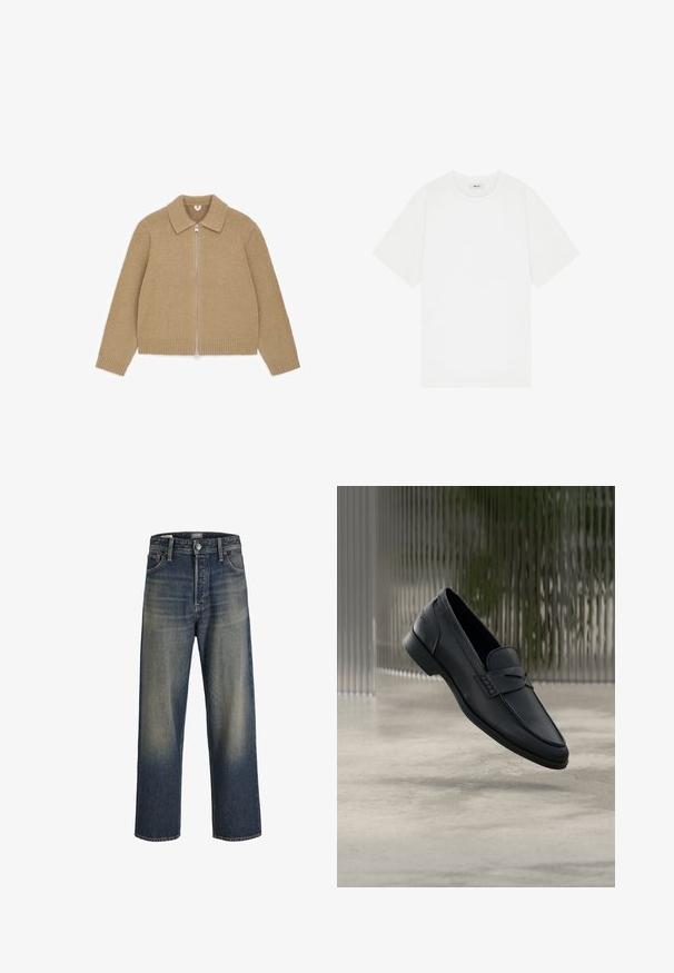 Beige strikket trøje med lynlås, lange ærmer og en opfoldet krave, lagt fladt på en hvid baggrund.; Hvid kortærmet t-shirt lavet af bomuld, med en rund halsudskæring og et diskret logo på brystet, samt en glat overflade.; Bredde ben jeans i mørkeblå denim med en gradient finish, der har en knaplukning, fem lomme-design og strukturerede syninger.; Sort læderloafer med glat finish, spids tå og sømdetaljer over vristen. Lav hæl og minimalistisk design.