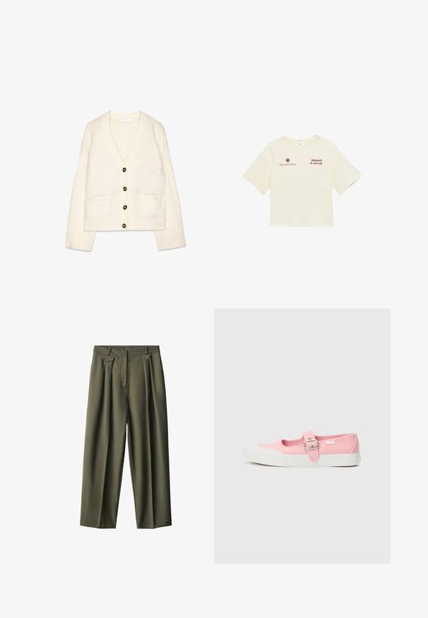 Gilet en maille ivoire avec un décolleté en V profond, cinq boutons marron et deux poches avant. Les poignets et l'ourlet côtelés ajoutent de la texture.; T-shirt à manches courtes couleur crème avec l'inscription "Island Retreat" et une petite icône de soleil avec un texte supplémentaire sur le haut devant.; Pantalons larges vert olive en tissu lisse, dotés de plis avant, d'une fermeture à un bouton et de deux poches latérales.; Chaussure en toile rose avec semelle plate, dotée d'une sangle et d'une boucle au milieu du pied. Semelle en caoutchouc blanche au design épuré et simple.