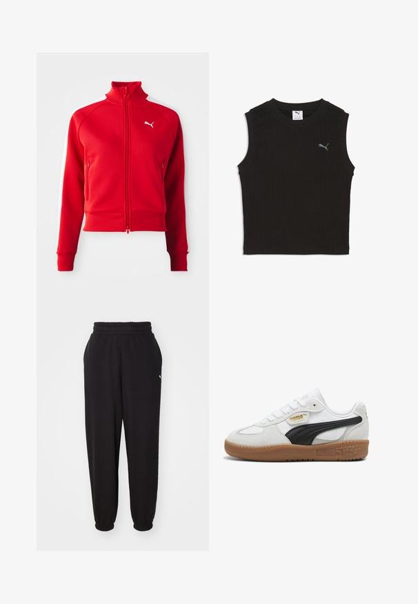 Rode zip-up sportjack met witte zijstrepen, hoge kraag, geribde manchetten en zoom, met een klein wit logo op de linkerborst.; Zwart mouwloos geribd cropped top met ronde hals en klein grijs Puma-logo op de linkerborst.; Zwarte sweatpants van zachte stof, met een geribde tailleband en verjongde enkels. Inclusief een klein logoaccent aan de zijkant.; Witte leren sneakers met een zwarte suède streep, gumrubberen zool en gouden branding aan de zijkant. Vetersluiting met een afgeronde neus.
