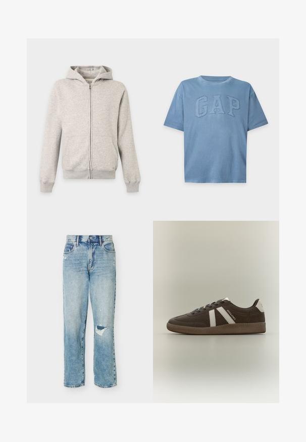 Sweat à capuche gris clair zippé intégralement, avec poches avant, manches longues, poignets côtelés et capuche attachée sur fond uni.; T-shirt bleu à manches courtes avec col rond et logo GAP brodé en relief sur la poitrine, présenté sur fond uni.; Jean en denim bleu clair avec une coupe décontractée, présentant des zones usées et une petite déchirure au genou droit.; Basket en daim marron avec des bandes blanches, un renfort de talon blanc, une semelle gomme et le texte "JACK & JONES" sur le côté, présentée de profil sur un fond uni.