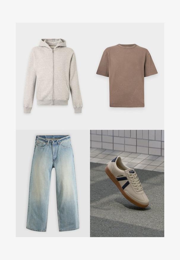 Sweat à capuche gris clair zippé intégralement, avec poches avant, manches longues, poignets côtelés et capuche attachée sur fond uni.; T-shirt en coton brun uni à manches courtes, col rond et coupe décontractée, présenté sur un fond gris clair.; Jean denim bleu clair à jambes larges avec une finition délavée. Comprend un design standard à cinq poches et une fermeture à bouton métallique.; Baskets beiges avec une finition texturée, bandes navy et semelle en caoutchouc. Équipées d'une languette rembourrée et d'un système de laçage traditionnel pour un maintien sécurisé.