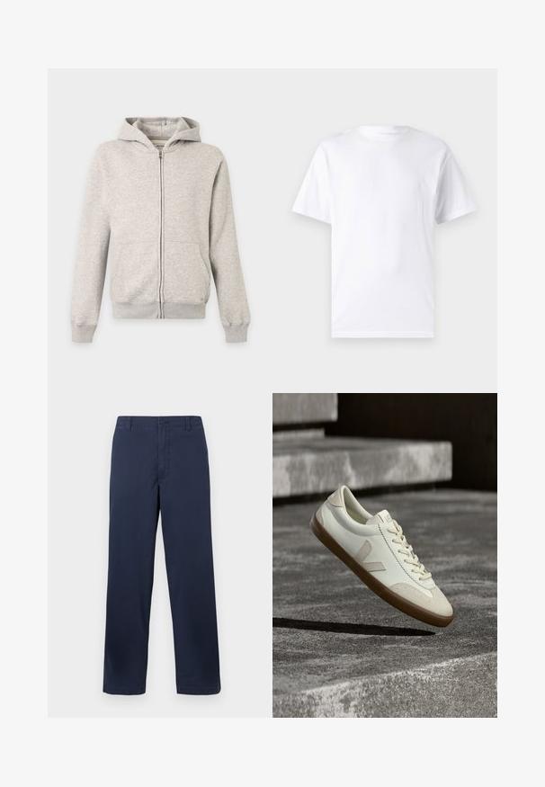 Sweat à capuche gris clair zippé intégralement, avec poches avant, manches longues, poignets côtelés et capuche attachée sur fond uni.; T-shirt blanc à manches courtes en coton avec un col rond, présentant une texture lisse et un design simple, sans motifs ni accents.; Pantalons en coton bleu marine avec une coupe droite, présentant une fermeture à bouton à l'avant, des passants de ceinture et une texture lisse.; Baskets en cuir blanc avec semelle en caoutchouc beige, lacets plats et accent en forme de V sur le côté. Présentent une surface lisse et peu de détails de couture.