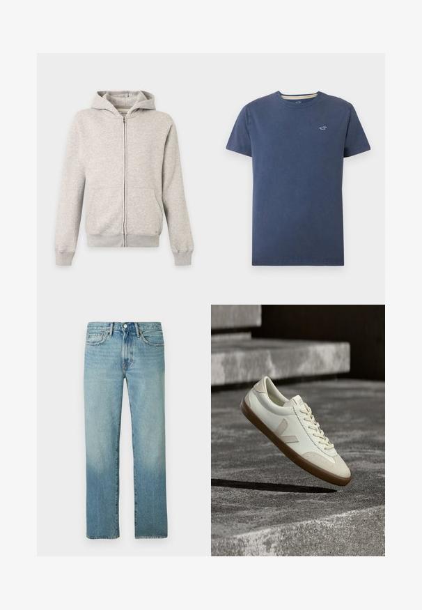 Sweat à capuche gris clair zippé intégralement, avec poches avant, manches longues, poignets côtelés et capuche attachée sur fond uni.; T-shirt bleu marine à manches courtes et col rond avec un petit logo de mouette blanche sur la poitrine gauche sur fond clair.; Jean en denim bleu clair avec une coupe droite, des coutures visibles et un motif décoloré. Comprend une fermeture à bouton et cinq poches.; Baskets en cuir blanc avec semelle en caoutchouc beige, lacets plats et accent en forme de V sur le côté. Présentent une surface lisse et peu de détails de couture.