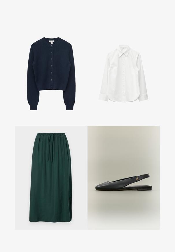 Cárdigan de punto acanalado en azul marino oscuro, con mangas largas, cuello redondo y cierre frontal con siete botones.; Camisa blanca de manga larga con botones, cuello puntiagudo y puños, mostrada extendida sobre un fondo blanco.; Larga falda verde oscuro hecha de tela suave, con cinturilla elástica y cordón, y una abertura lateral para mayor libertad de movimiento.; Zapato plano negro de cuero con tira trasera, punta afilada y acento de logo dorado en la tira, mostrado sobre un fondo neutro.