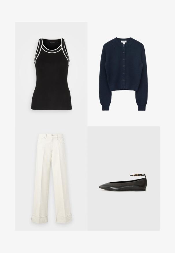 Cardigan en maille côtelée bleu marine foncé avec manches longues, encolure ronde et fermeture à boutons sur le devant avec sept boutons.; Débardeur noir à côtes avec des bordures blanches. Il présente un col rond et un design dos nageur. Fabriqué en tissu extensible pour plus de confort.; Pantalons larges en crème fabriqués en coton, avec un ourlet replié et des passants de ceinture. Conçus avec deux poches avant et une fermeture à bouton sur le devant.; Ballerines en cuir noir avec un nez pointu, design minimaliste, fine bride de cheville et accent en boucle dorée. Texture lisse et profil bas.