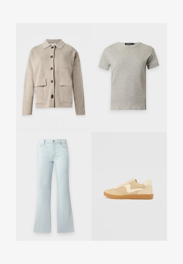 Cardigan en maille beige à manches longues avec col, boutons noirs à l’avant et trois poches plaquées sur le devant.; T-shirt en coton gris clair à manches courtes et col rond avec une étiquette noire visible à l'intérieur du col indiquant "DENIM" et la taille "S."; Jean flare bleu clair en denim. Il présente un design classique à cinq poches et une fermeture à bouton à l'avant. Texture lisse sur toute la surface.; Sneaker beige avec des matériaux en daim et en maille, forme arrondie, col rembourré proéminent et semelle en caoutchouc gomme. Présente un accent de design en forme de vague.