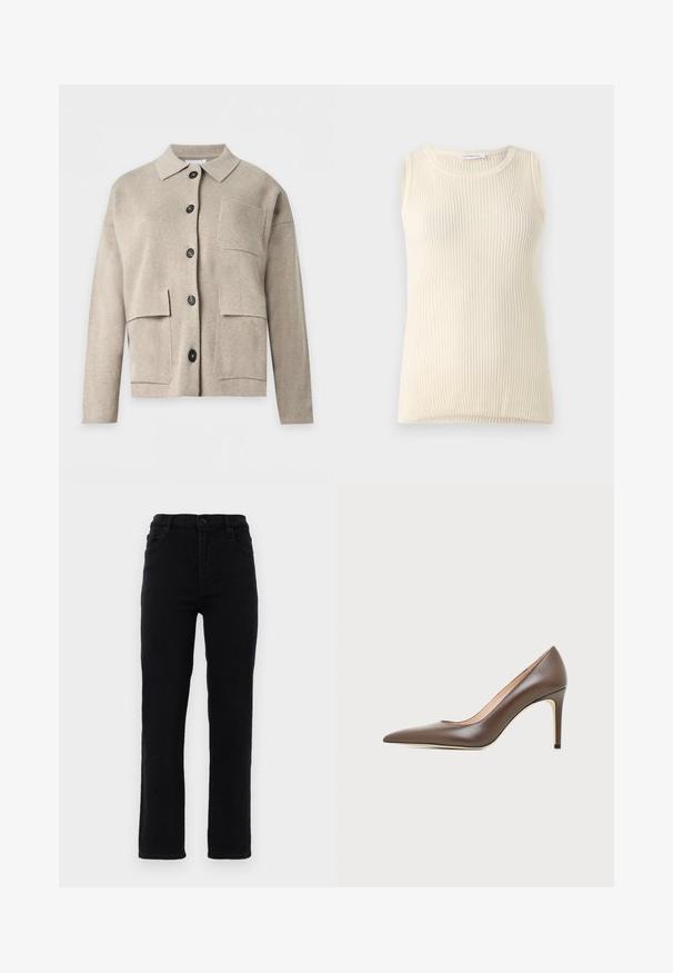 Cardigan en maille beige à manches longues avec col, boutons noirs à l’avant et trois poches plaquées sur le devant.; Haut sans manches crème avec une texture côtelée et un col rond. Le tissu semble doux, avec une coupe ajustée et sans motifs ni accents visibles.; Jeans en denim noir avec des jambes droites, une taille mi-haute et cinq poches. Comprend une fermeture à bouton à l'avant et des passants de ceinture.; Chaussure à talon haut en cuir marron à bout pointu avec un talon aiguille fin et une finition lisse sur un fond clair.