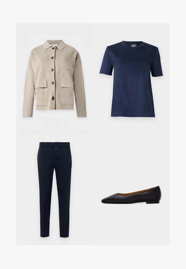 Cárdigan de punto beige de manga larga con cuello, botones negros en la parte delantera y tres bolsillos de parche delanteros.; Camiseta azul marino de manga corta con cuello redondo, dobladillo recto y textura de tela suave, presentada sobre un fondo liso.; Pantalones de hombre ajustados de color azul marino con trabillas para cinturón y cierre de cremallera, mostrados sobre un fondo blanco liso.; Zapato plano de punta puntiaguda de cuero negro con tacón bajo y acabado liso, mostrado de perfil sobre un fondo gris claro.