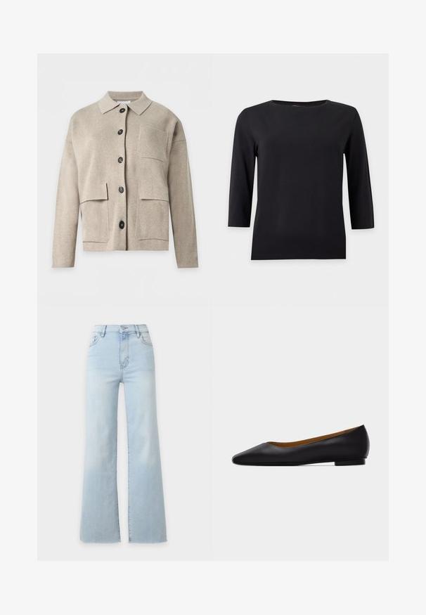 Cardigan en maille beige à manches longues avec col, boutons noirs à l’avant et trois poches plaquées sur le devant.; Chemise noire à manches longues avec un col rond et un design simple et ajusté sur fond blanc.; Jean en denim bleu clair taille haute avec jambes larges, fermeture à boutons et zip à l’avant, et poches avant, présenté sur un fond uni.; Chaussure plate en cuir noir à bout pointu avec talon bas et finition lisse, vue de côté sur un fond gris clair.