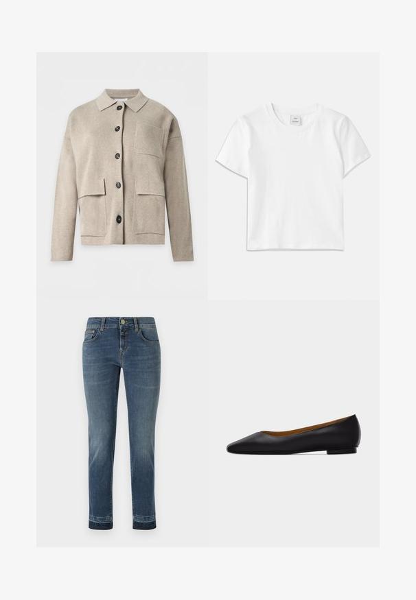 Beige langärmelige Strickjacke mit Kragen, schwarzen Knöpfen vorne und drei aufgesetzten Taschen auf der Vorderseite.; Weißes Baumwoll-T-Shirt mit Rundhalsausschnitt, kurzen Ärmeln und geradem Saum. Etikett mit der Aufschrift "Won Hundred" an der Mitte des Ausschnitts.; Dunkelblaue Jeans aus Denim mit geradem Bein, klassischem Knopfverschluss und fünf Taschen. Leichte Ausbleichungen an den Oberschenkeln.; Schwarzer flacher Schuh aus Leder mit spitz zulaufender Vorderkappe, niedrigem Absatz und glatter Oberfläche, von der Seite vor einem hellgrauen Hintergrund dargestellt.