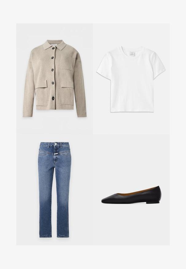 Beige gebreid vest met lange mouwen, kraag, zwarte knopen aan de voorkant en drie opgestikte voorzakken.; Witte katoenen t-shirt met een ronde hals, korte mouwen en een rechte zoom. Label met "Won Hundred" aan de voorkant van de halslijn.; Denim jeans in een middelblauwe wassing, met rechte pijpen, voorzien van een middelhoge tailleband, vijf zakken en subtiele stikdetails.; Zwarte leren puntschoen met lage hak en gladde afwerking, zijaanzicht op een lichtgrijze achtergrond.