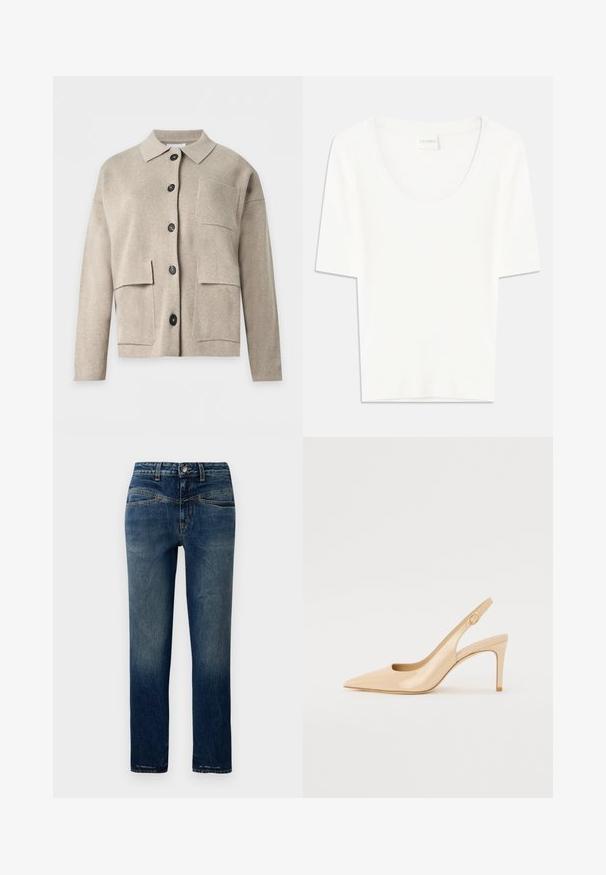 Beige langärmelige Strickjacke mit Kragen, schwarzen Knöpfen vorne und drei aufgesetzten Taschen auf der Vorderseite.; Weißes T-Shirt mit kurzen Ärmeln und rundem Ausschnitt. Hergestellt aus weichem Baumwollstoff, bietet es einen lässigen Schnitt und ein minimalistisches Design.; Dunkelblaue Jeans mit geradem Schnitt, mit leichter Ausbleichung, orangefarbener Naht und einem Knopfverschluss an der Taille.; Nude patentleder Slingback-Absatzschuh mit spitzer Zehenpartie, offenem Vorderblatt und dünnem Stiletto-Absatz. Verfügt über ein kreisförmiges goldfarbenes Akzent auf dem Riemen.