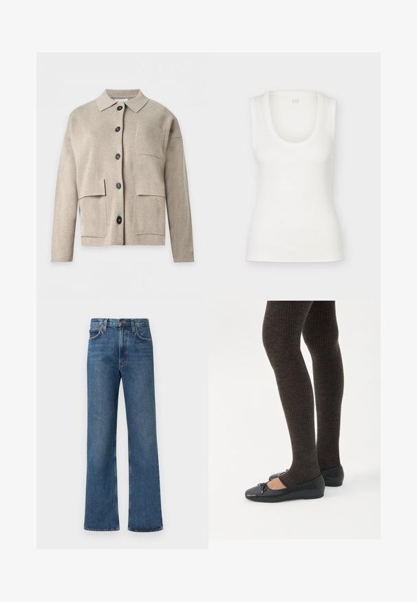 Cardigan en maille beige à manches longues avec col, boutons noirs à l’avant et trois poches plaquées sur le devant.; Débardeur blanc côtelé sans manches avec encolure dégagée, présenté à plat sur un fond blanc.; Jean large en denim bleu clair. Comprend une taille haute, un design cinq poches et des surpiqûres contrastées sur toute la surface. Fermeture classique par boutons.; Jambes portant des leggings côtelés foncés associés à des ballerines noires avec de petits détails en nœud sur fond blanc.