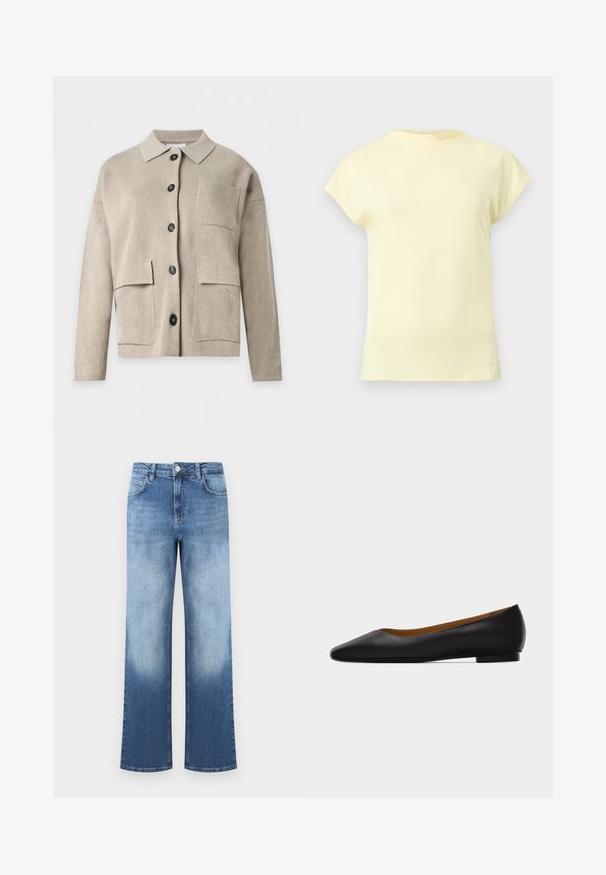 Cardigan en maille beige à manches longues avec col, boutons noirs à l’avant et trois poches plaquées sur le devant.; T-shirt jaune clair à manches courtes avec un col rond, présenté sur un fond gris clair neutre.; Jean en denim bleu taille haute avec un dégradé passant du bleu clair au bleu plus foncé, équipé de poches avant et d'une fermeture à bouton.; Chaussure plate en cuir noir à bout pointu avec talon bas et finition lisse, vue de côté sur un fond gris clair.