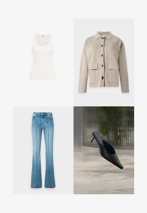Beige strikket cardigan med lange ærmer, krave, sorte knapper foran og tre forlommer med lap.; Hvid ribbet tanktop med rund halsudskæring og brede stropper. Stoffet ser strækbart og tætsiddende ud, velegnet til lag-på-lag eller afslappet brug.; Lys blå denimjeans med høj talje, frontsyninger, forlommer, bæltestropper og udvidede ben mod en hvid baggrund.; Sort mule sko med spids tå og tynd høj hæl, der svæver over en glat beton gulv med en sløret baggrund med lodrette striber.