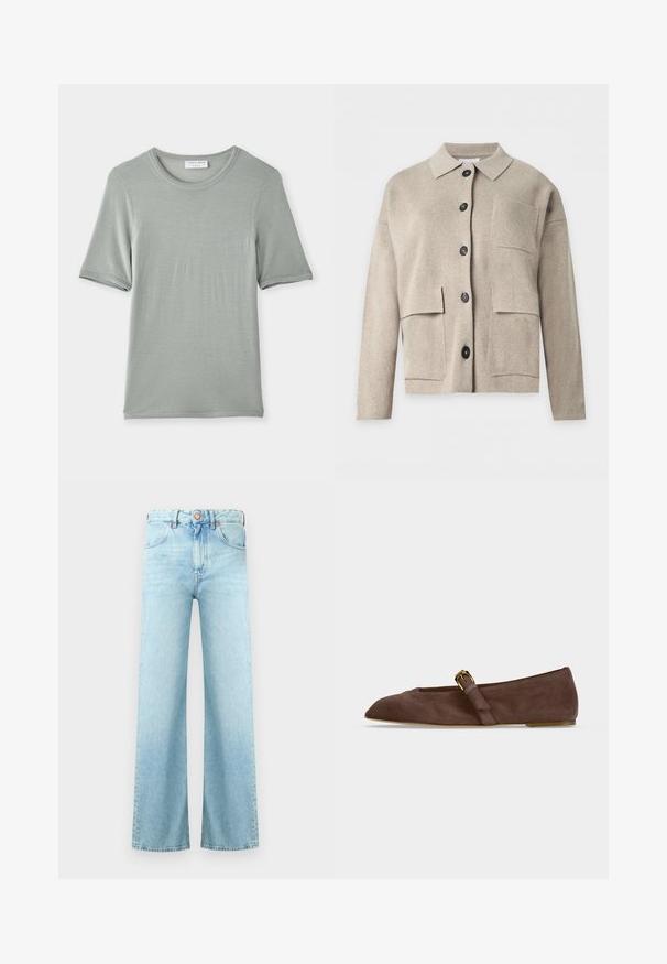 Beige langärmelige Strickjacke mit Kragen, schwarzen Knöpfen vorne und drei aufgesetzten Taschen auf der Vorderseite.; Kurzärmliges T-Shirt mit Rundhalsausschnitt in Hellgrau, aus weichem Stoff mit glatter Textur und dezentem Nähten an ärmeln und Kragen.; Hellblaue Jeans aus Denim mit hoher Taille, Knopfverschluss, Fronttaschen und weiten, geraden Beinen.; Brauner Wildleder-Flachschuh mit spitz zulaufender Spitze und goldenem Schnallenriemen an der Seite, im Seitenprofil vor weißem Hintergrund dargestellt.