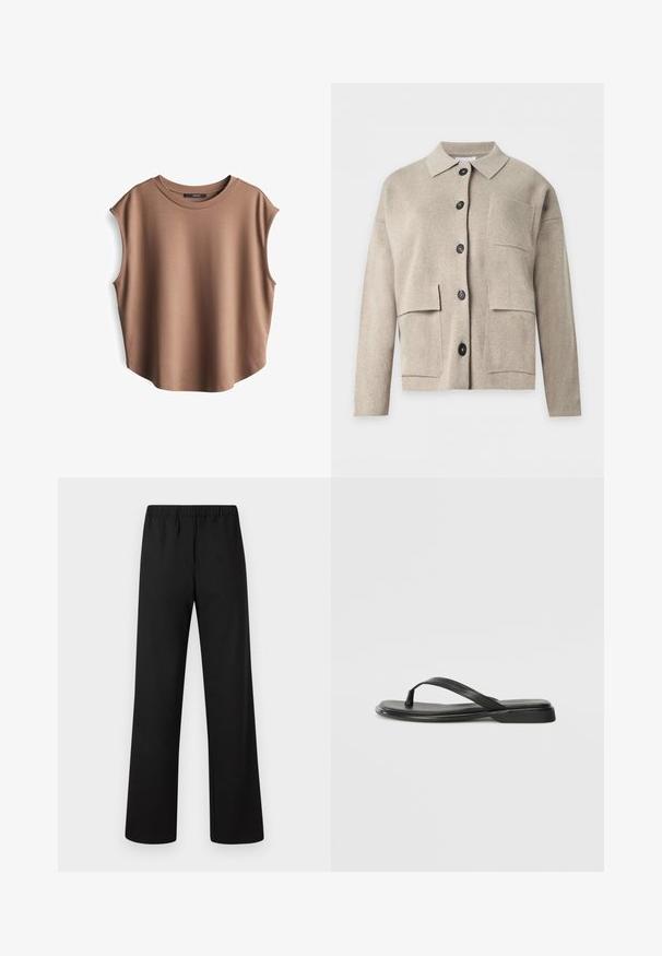 Beige gebreid vest met lange mouwen, kraag, zwarte knopen aan de voorkant en drie opgestikte voorzakken.; Bruine mouwloze top van gladde stof, met een ronde hals en verlaagde armsgaten, een licht gebogen zoom en een minimalistisch ontwerp.; Zwarte elastische taille broek met rechte pijpen, gemaakt van een gladde stof, vlakke voorkant, zonder zichtbare zakken of versieringen.; Zwarte teenflip-flop van glad leer, met een dunne band en een platte zool met een minimalistisch profiel. Geen opvallende patronen of accenten.
