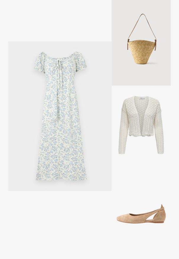 Hvid strikket cardigan med åben frontrinde, tekstureret mønster, lange ærmer og bølget kant. Let og åndbar stof.; Hvid midi-kjole med lyseblåt blomsterprint, korte pufærmer, rynket halsudskæring og bindedetalje foran.; Beige ruskinds ballet flats med spids tå, udskåret sideskål og lav hæl. Glat tekstur og minimalistisk stil.; Flettet stråtaske med bred bund, smal top og justerbar brun læder skulderrem.