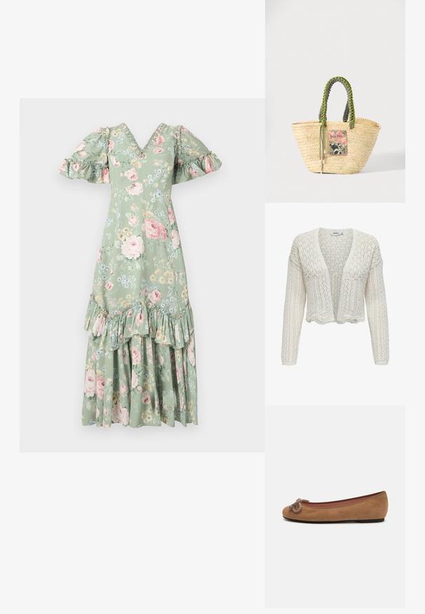 Cardigan en tricot blanc avec une ouverture sur le devant, motif texturé, manches longues et ourlet festonné. Tissu léger et respirant.; Robe maxi florale en vert doux avec un décolleté en V, des manches bouffantes, des accents en volants et un ourlet à plusieurs niveaux. Présente des roses roses et de petites fleurs bleues.; Ballerines en daim marron avec un bout rond, ornées d'un nœud en corde sur le devant et dotées d'une semelle plate.; Sac cabas en paille beige tissée avec des poignées tressées vertes et noires et un patch rectangulaire coloré à l'avant.