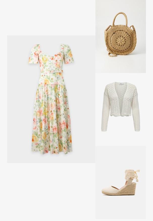 Hvid strikket cardigan med åben frontrinde, tekstureret mønster, lange ærmer og bølget kant. Let og åndbar stof.; Floral midi kjole med pufærmer, hjerteudskæring, figursyet talje med bælte og et flydende skørt i pastelgule, pink og grønne toner.; Beige espadrille kile med overdel i kanvas, åben tå og bløde båndsnore. Teksturiseret jutekile med et fletmønster.; ONLY ONLPENELOPE BEACH ROUND CROSSOBODY - Skuldertasker - toasted coconut